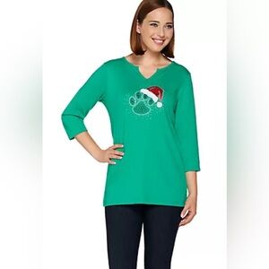 Quacker Factory Christmas Holiday Paw Print Shirt 3/4 Sleeve NWT Size XXS